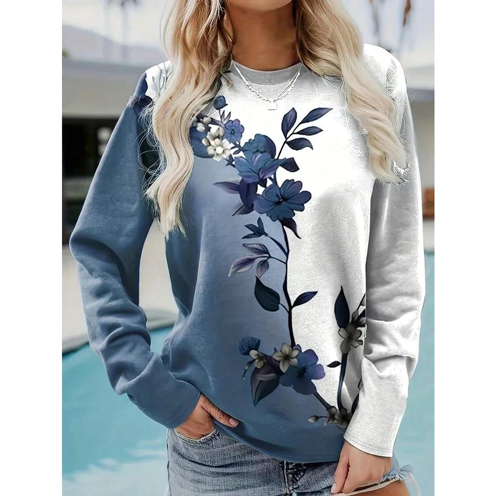 Fashion Versatile Flower Print Women's Top Long Sleeve Casual Loose T-Shirts Women’s Pullovers Long Sleeves Women’s