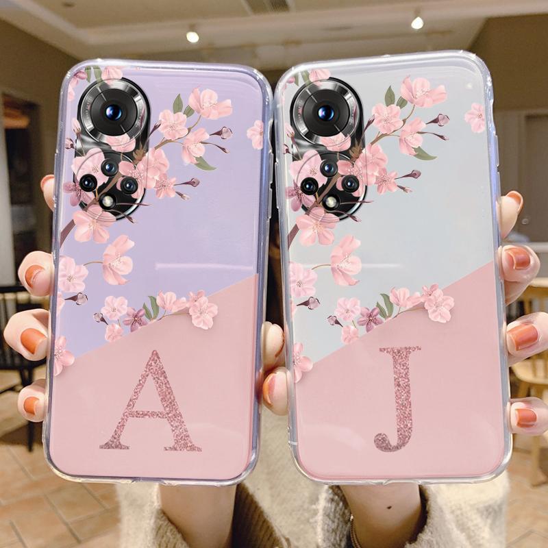 Cute Letter Case For Honor 50 90 400 Lite Pro Coque Huawei P20 P30 Pro Cover Soft Flower Alphabet Transparent Phone Silicone