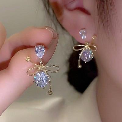 Сережки-гвоздики з кубічним цирконієм у вигляді банта зі срібла S925 Корейський стиль для жінок