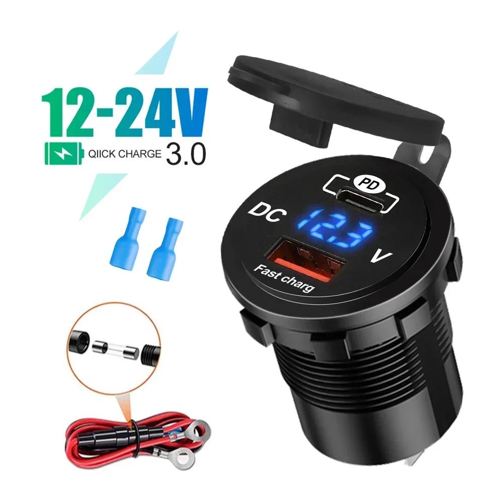 Dual Port USB Type C PD+QC3.0 Chargers Car 60W Cigarette Lighter for 12V/24V Motorcycle Truck Boat All Smartphone Fast Charging