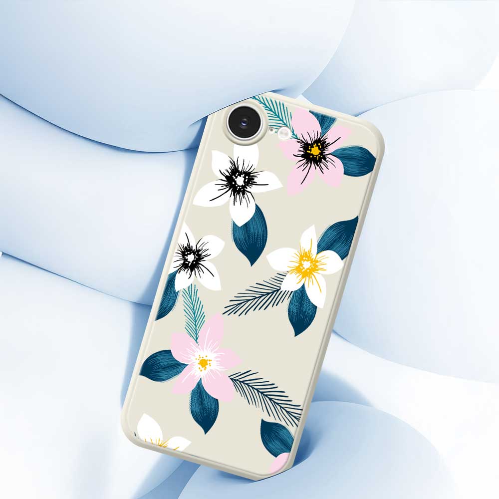 For iPhone 16e Case Pink White Flowers Blue Leaves Pattern Printing Straight Edge TPU Phone Back Cover
