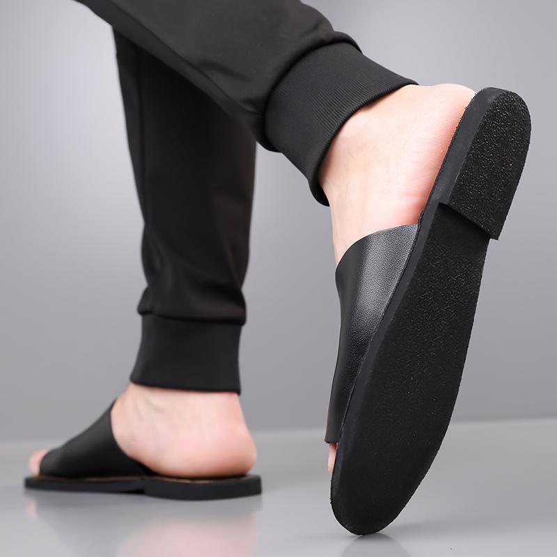 Herren Schwarz Leder Hausschuhe Handgemacht Einfache Flache Schuhe Sommer Orange Römische Sandalen Offene Zehen Strand Schuhe Übergröße