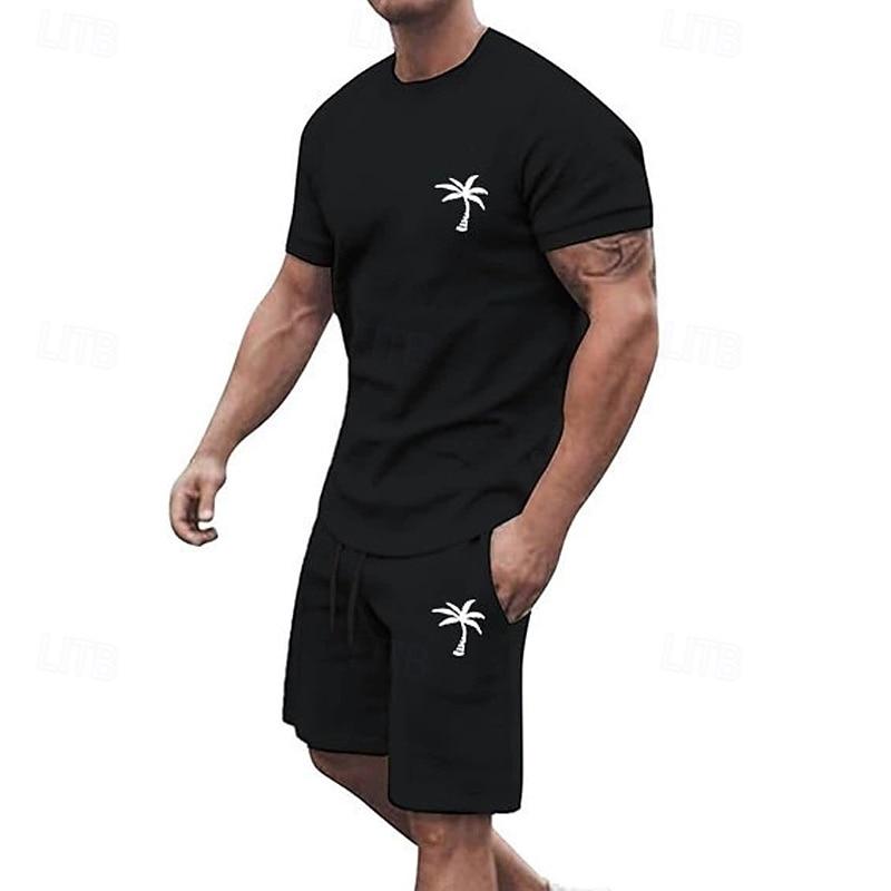 Men's T-shirt Suits 2 Pieces Outfits Tee & Shorts Short Sleeve Crew Neck Summer Coconut Tree Fashion Casual 2 Piece