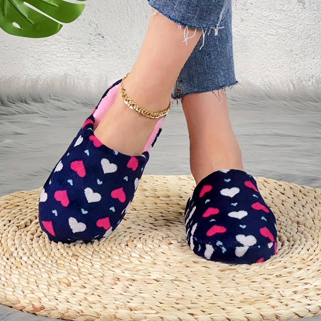 Women's Elegant Plush Slip-On Slippers with Heart Pattern Soft Cozy Indoor/Outdoor House Shoes