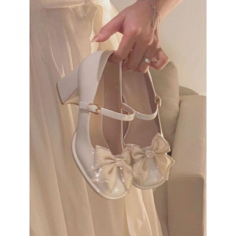Xiaoxiangfeng shoes daughter high heels girl 2025 spring fairy style bow rhinestone thick heel Mary Jane single shoes