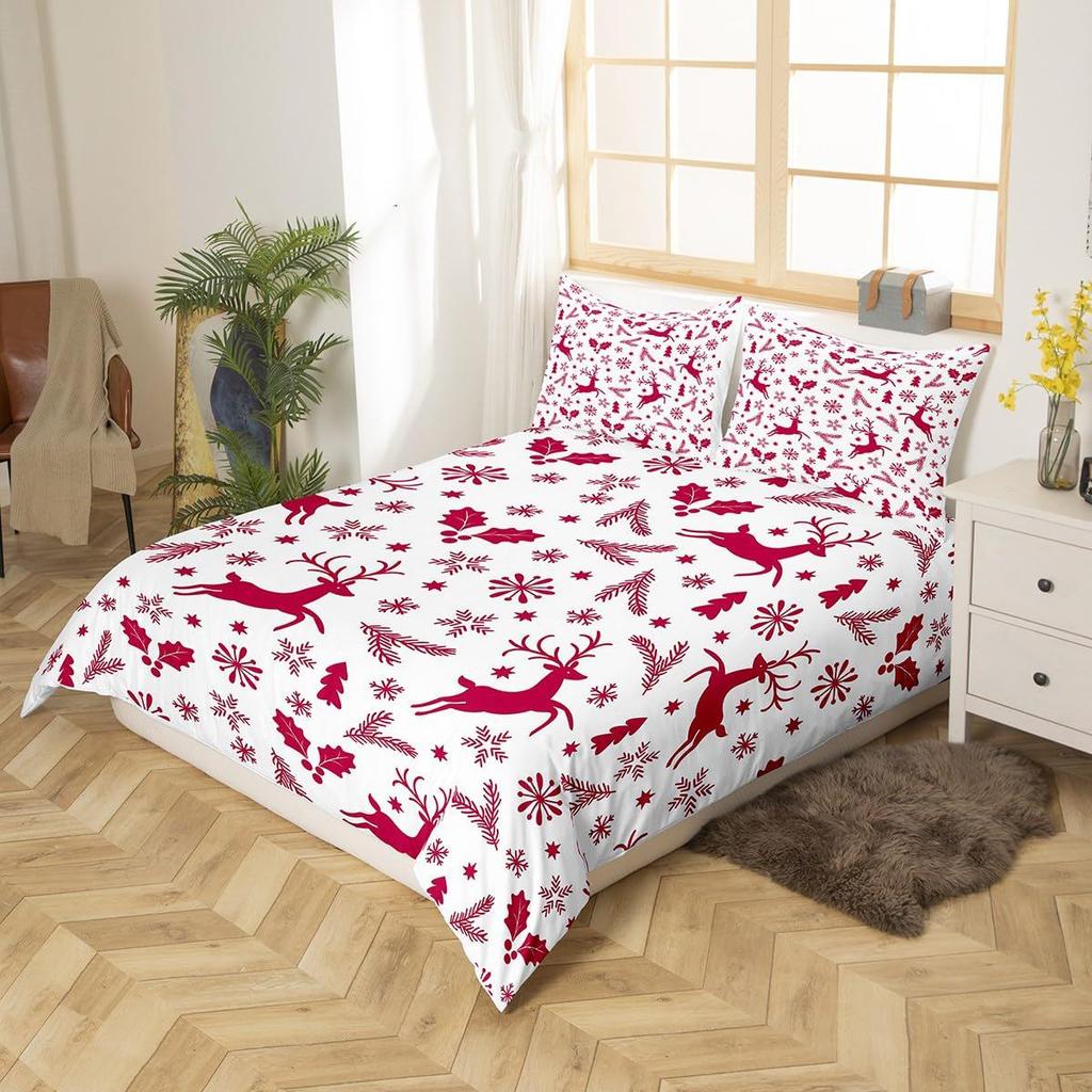Red Three-Piece Quilt Cover Digital Printing Bedding Set Christmas Elk Snowflake Bed Cover