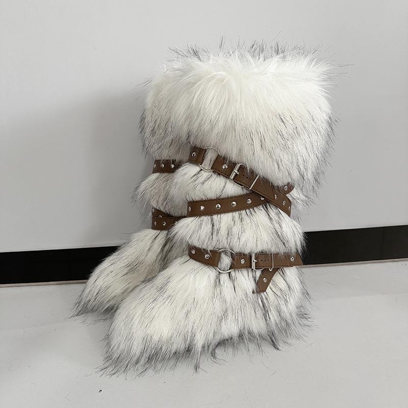 Damen Winterimitat Fuchsfell Stiefel Gürtel Punk Europäisch und Amerikanisch hoher Schaft 40 langer Schaft Schneestiefel Schuhe