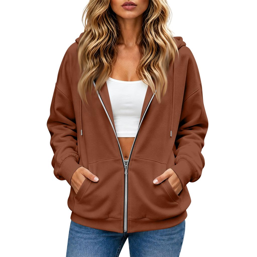 Felpa da donna casual con zip e maniche lunghe, giacca sportiva con colore