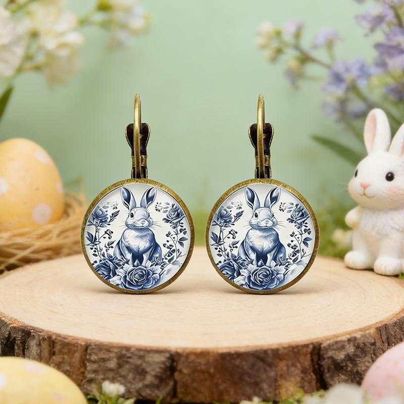 Cute Blue Easter Rabbit Flower Glass Cabochon Earrings For Women Retro Antique Bronze Color Animal Earrings