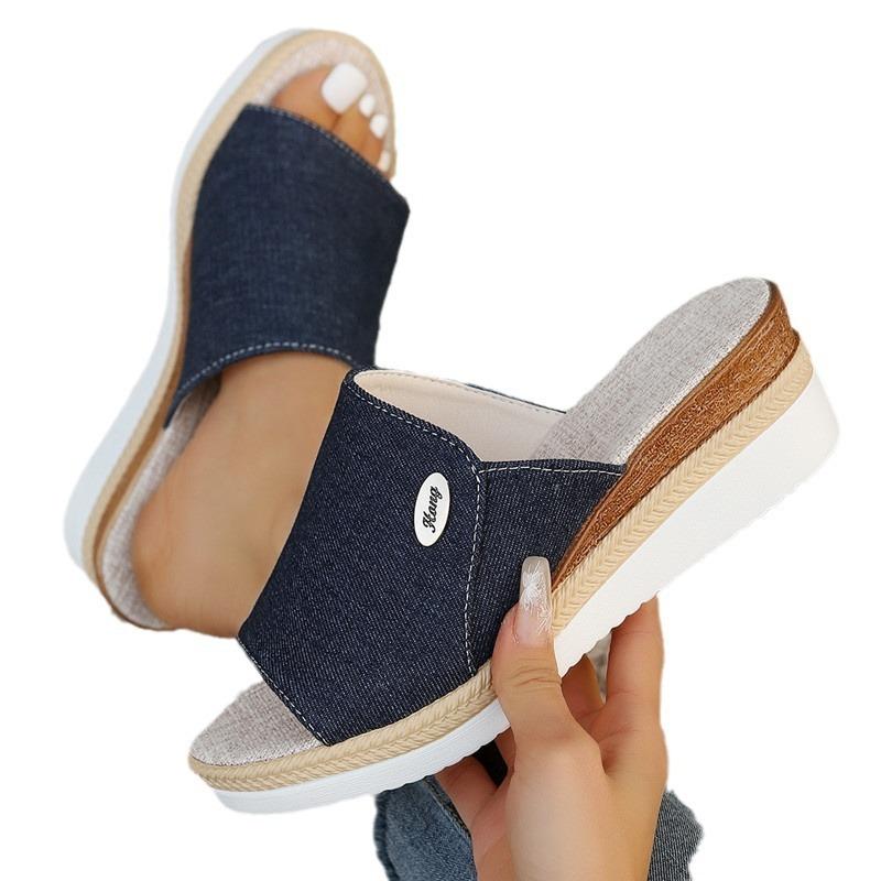 New summer women's slope heel thick bottom fish mouth slippers large size one word with slope heel slippers women