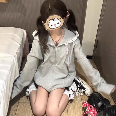 Kawaii Sweet Harajuku Hoodies Women Japanese Gothci Lace Patchwork Cartoon Embroidery Zipper Oversized Sweatshirt