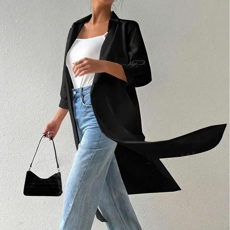 Autumn Collar Long Sleeved Solid Color Korean Versatile Long Style Women's Clothing Solid Color Cardigan Mid Sleeve Shirt Tops