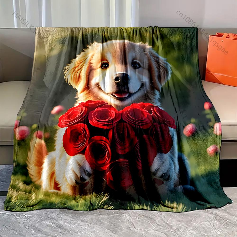 Puppy and Roses Print Blanket Warm Soft Fluffy Kids and Adults Sofa Bed Throw Blanket for Home Travel Camping Multi-Size