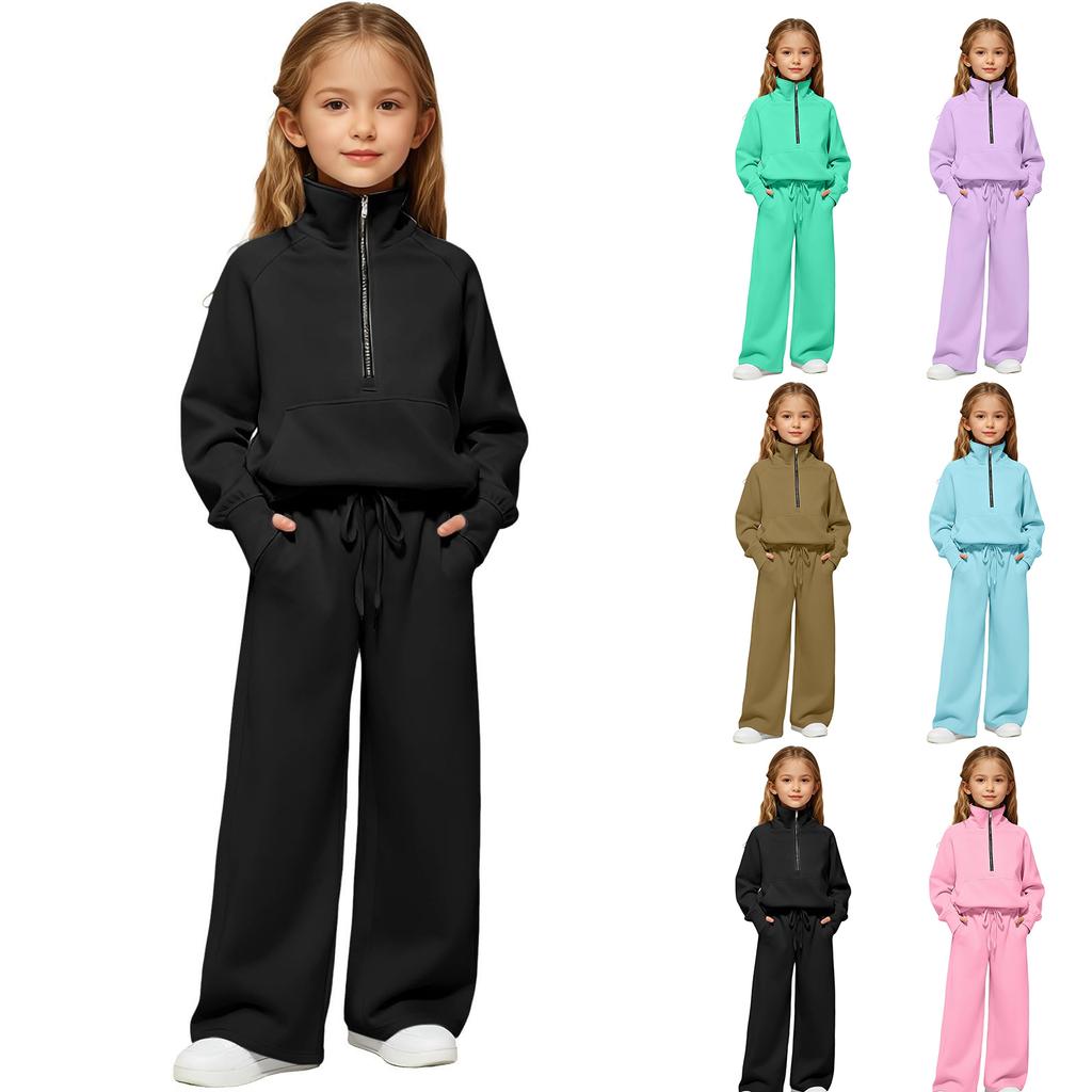 Girls' High,Neck Half,Zip Sweatshirt + Long Pants Sports Fleece Casual Children's Set