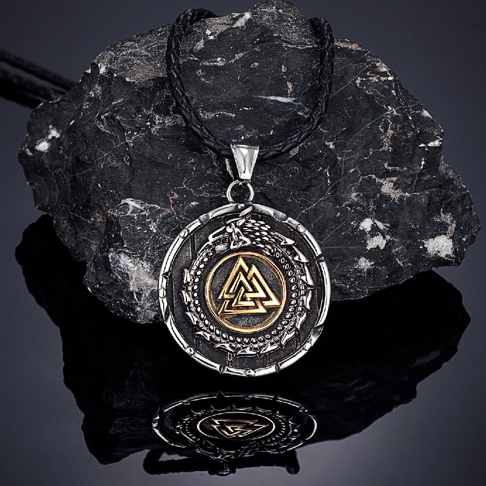 Vikings Ouroboros Dragon Necklace Men Stainless Steel Norse Runes Triangle Pendant Scandinavian Jewelry Gift
