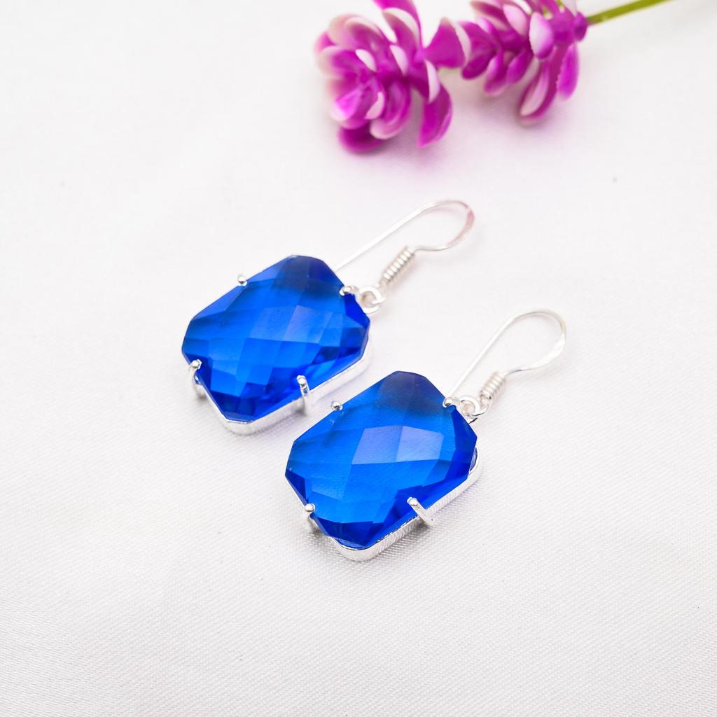 Cercei cu topaz albastru, bijuterii cu pietre prețioase din argint solid 925, cercei lucrați manual, de Ziua Recunoștinței