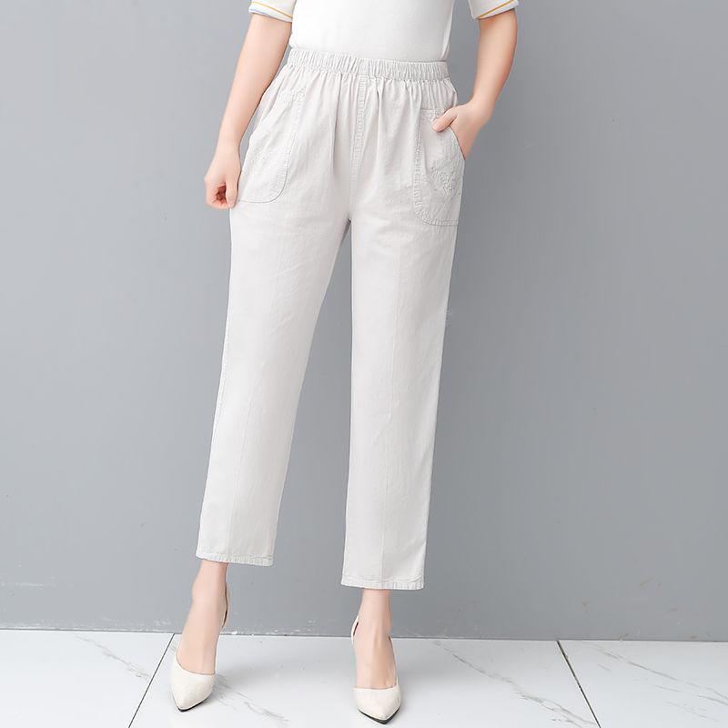 Mom's Cotton Embroidered Nine-Point Pants for Seniors, Casual Straight-Leg Pants for Spring & Autumn