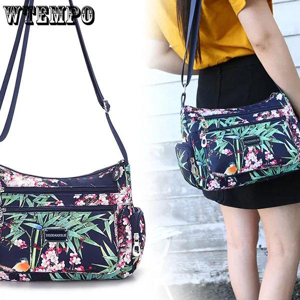 WTEMPO Kvinner Enkel Skulderveske med Blomstertrykk i Landlig Stil Europeisk og Amerikansk Stil Vintage Lettvekts Glidelås Messenger-vesker