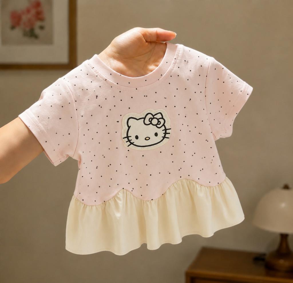 Girls Summer Short Sleeve T Shirt Cotton Polka Dot Applique Top