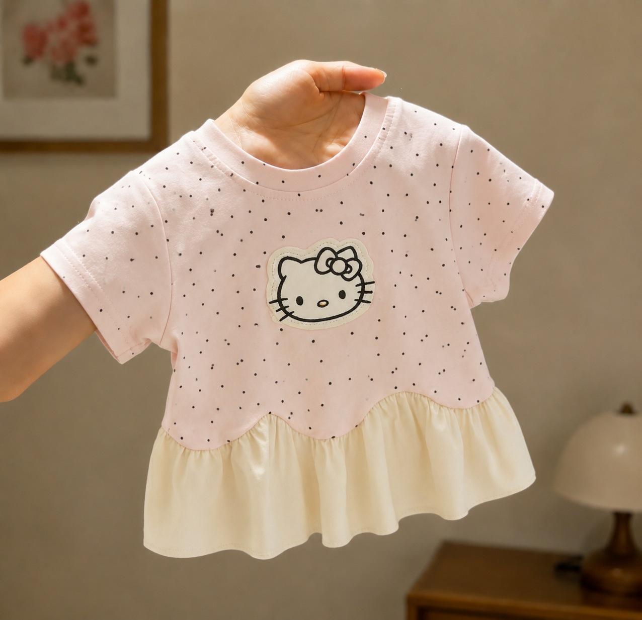 Girls Summer Short Sleeve T Shirt Cotton Polka Dot Applique Top 90