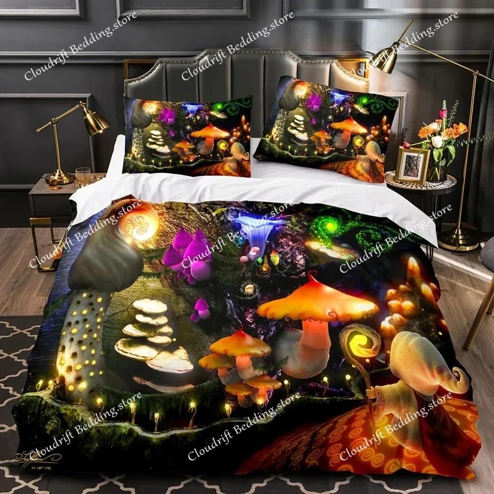 Mantar Peri Ormanı Nevresim Sihirli Lilliputian Karikatür Mantar Bitki nevresim takımı Fantezi Bahçe Polyester Yorgan Kapak