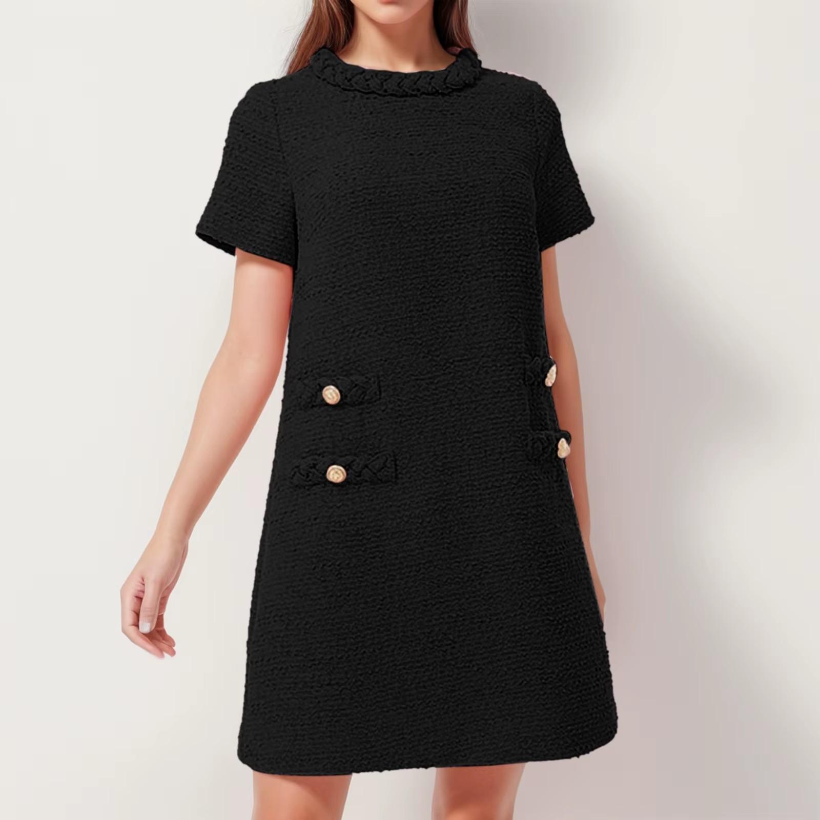 

Жіночі милі короткі сукні у французькому стилі, елегантні твідові однотонні пуловери на ґудзиках, сукня міді для офісних жінок, короткі офіційні сукні S чорний