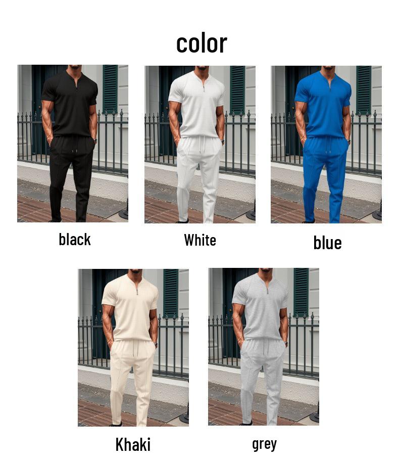 Summer 2025 Men's Waffle Knit Stand Collar Zipper Top and Long Pants Set - European & American Style