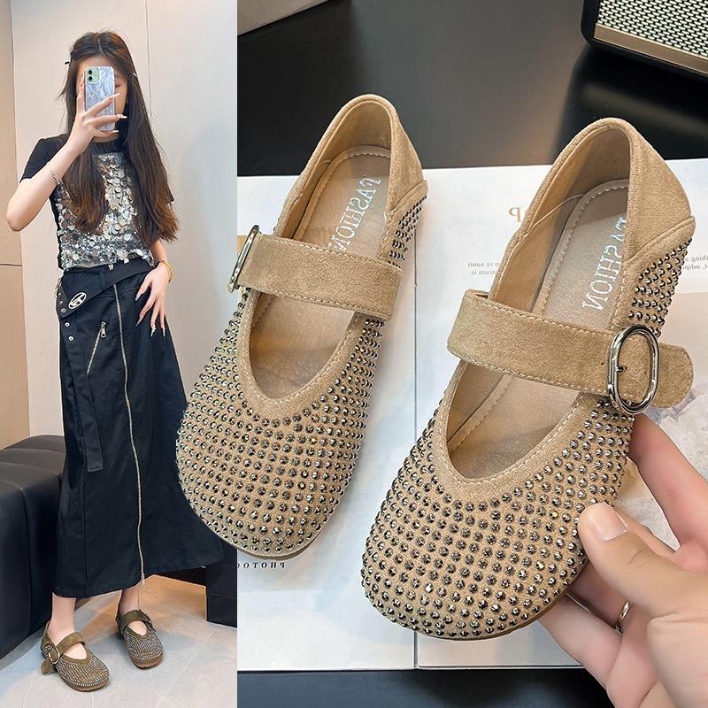 New Rhinestone Large Size Rhinestone Rivet Single Shoes Full Diamond Belt Buckle Round Head Flat Bottom Fashion Women's Single Shoes