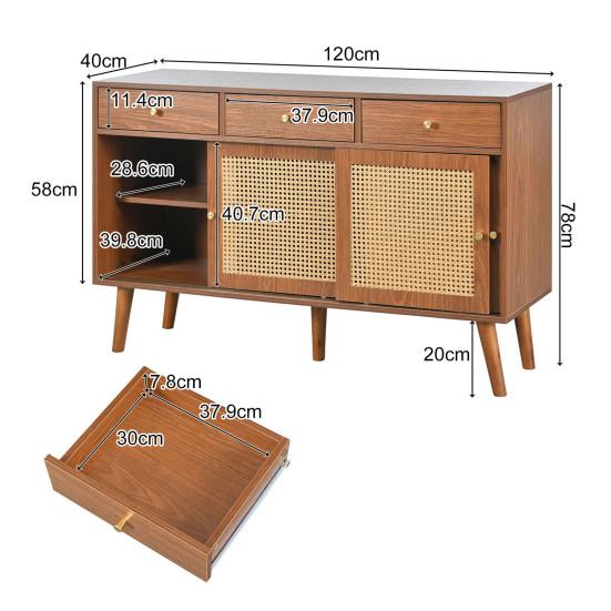 Sideboard, Chest Of Drawers with 3 Drawers and 3 Sliding Doors, Rattan Mesh On The Door Fronts, Legs Made of Solid Wood, Golden Metal Iron Handle,