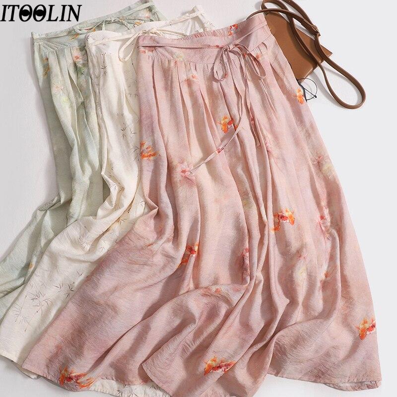 

ITOOLIN шикарная женская шифоновая юбка с цветочным принтом, элегантная офисная юбка трапециевидной формы с высокой талией, повседневная женская вечерние юбка средней длины