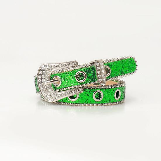 Women Belt Glitter Sequins Shiny Rhinestones Multi Holes Adjustable Length Waistband Imitation Leather Street Style Belt