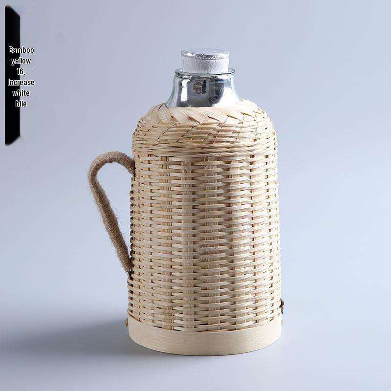 Vintage Bamboo Woven Hot Water Bottle - Retro Thermos Flask for Tea Room, Insulated Kettle for Boiling Water & Warmth