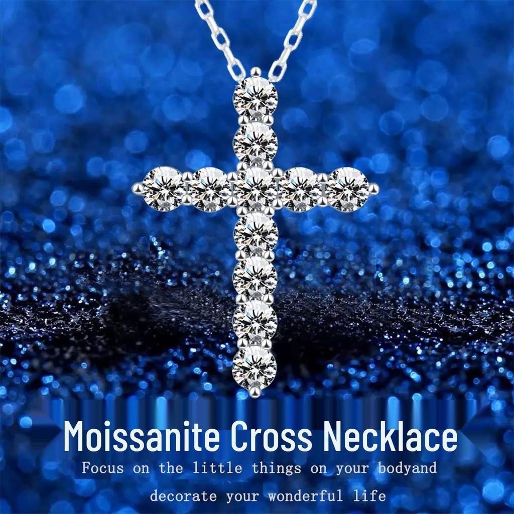 S925 Sterling Silver Moissanite Cross Pendant Necklace - Women's Luxury Clavicle Chain
