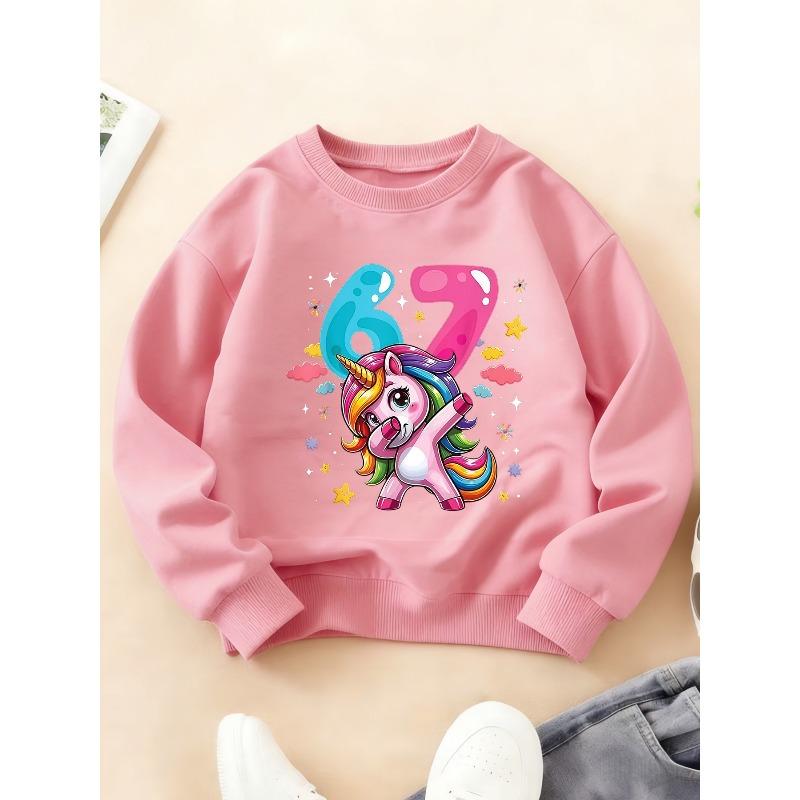 Kids Girls Crewneck Sweatshirt, Cute Dab Unicorn Cartoon With Glossy Blue Number 6 & Pink Number 7 Cloud Star Confetti Print Pullover For 7th Birthday