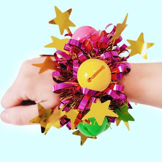 2Pcs Wrist Flower with Star Bell Decor Cheerleading Cheer Elastic Band Bracelet Holiday Celebration Metallic Sparkling Wrist Accessory