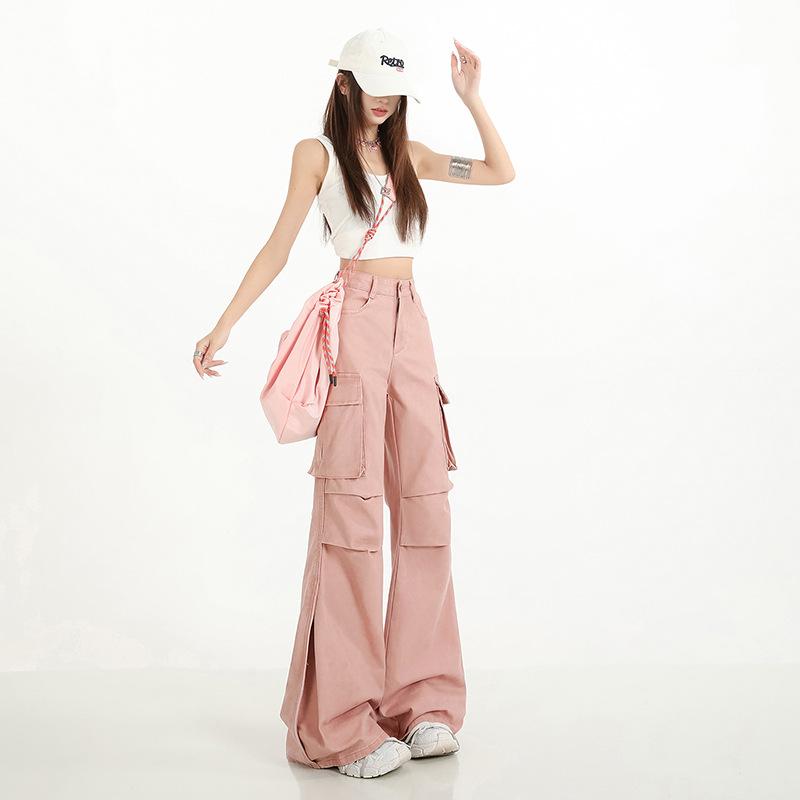 trendy pure cotton tooling casual micro-pull jeans women's loose sticker bag fashion deconstruction splicing non-stick leg flared pants