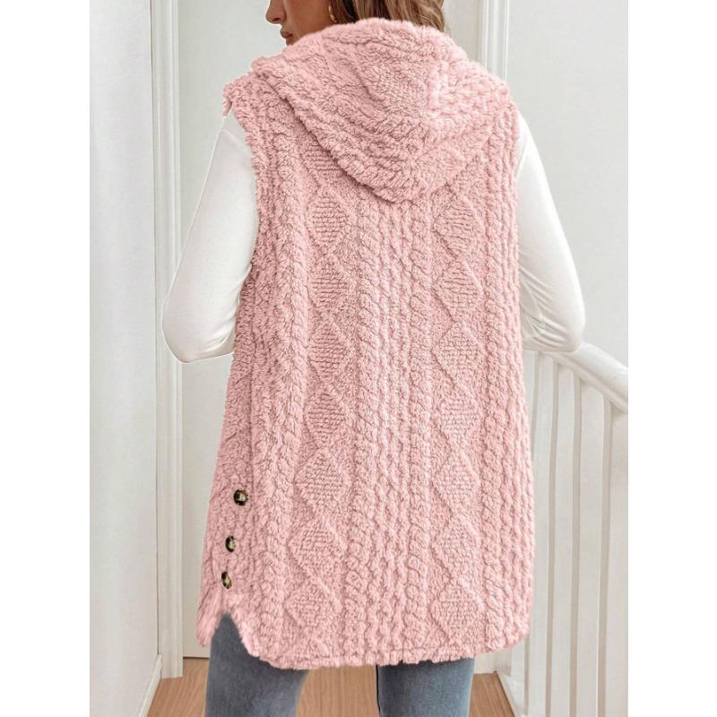 Damen zweiseitige Fleece-Weste, lässig, mit Kapuze, zum Knöpfen, ärmellos