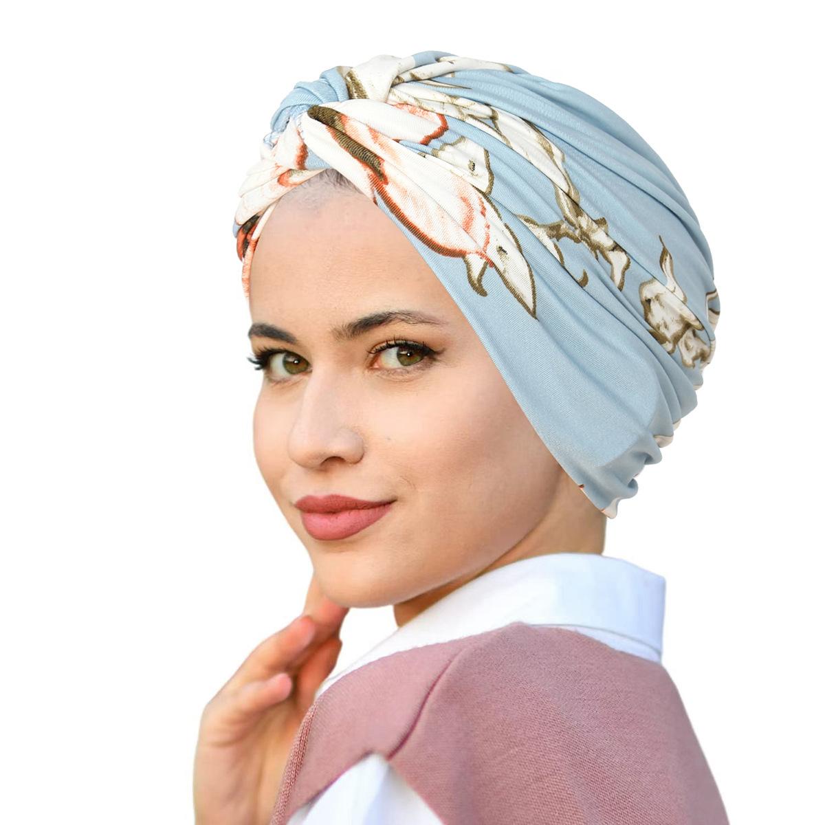 

New Indian Hat Twist Knot Floral Print Muslim Women Hijab Chemo Cap Turban Bonnet Strech Femme Headwrap Scarf Hair Loss Headwear небо синє кольору