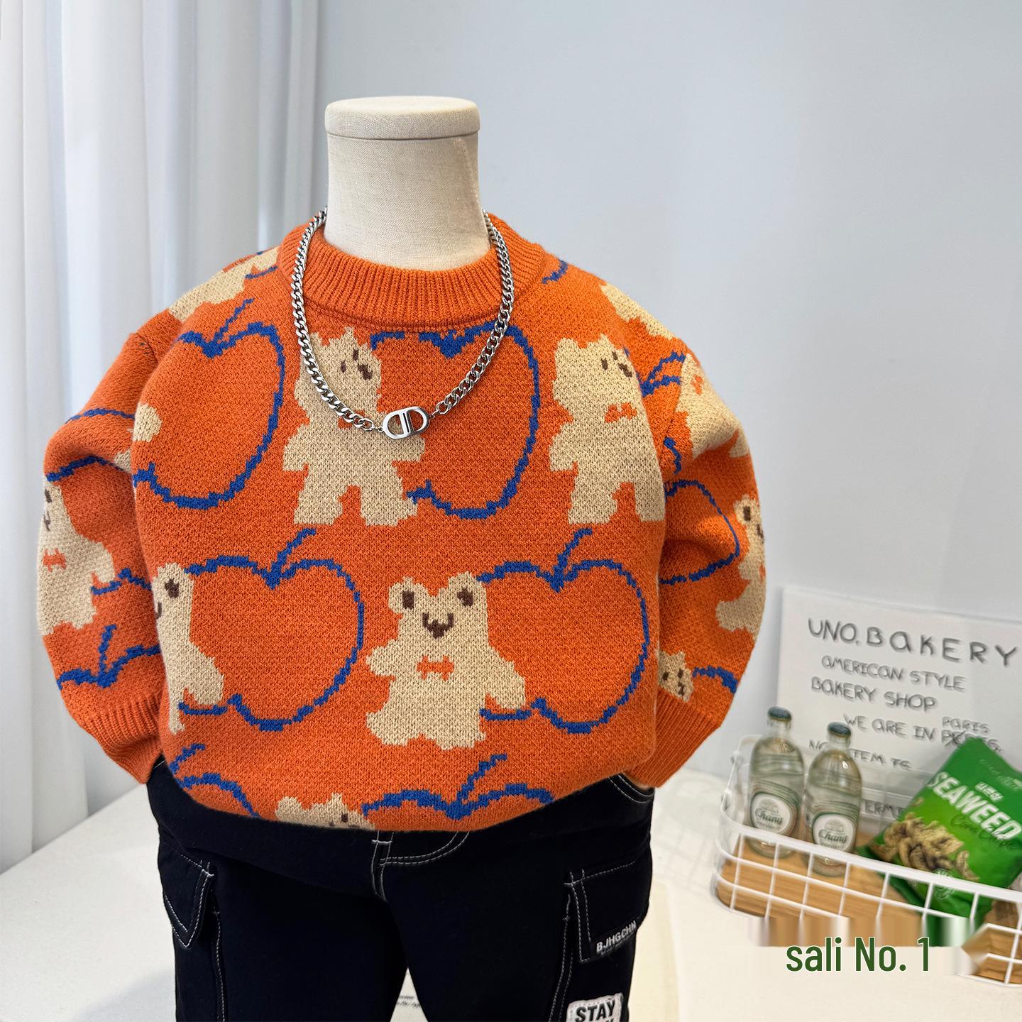 

Boys Woolen Cartoon Sweater - Autumn Winter 2025 Korean Style Fashion Knit Pullover 140 cm помаранчевий