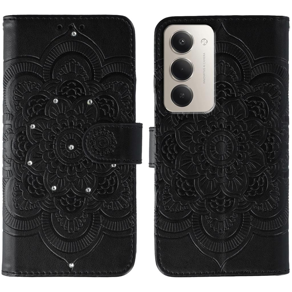 For Xiaomi Redmi 15 5G Case Rhinestone Decor PU Leather Mandala Imprinted Design Phone Cover with Wrist Strap