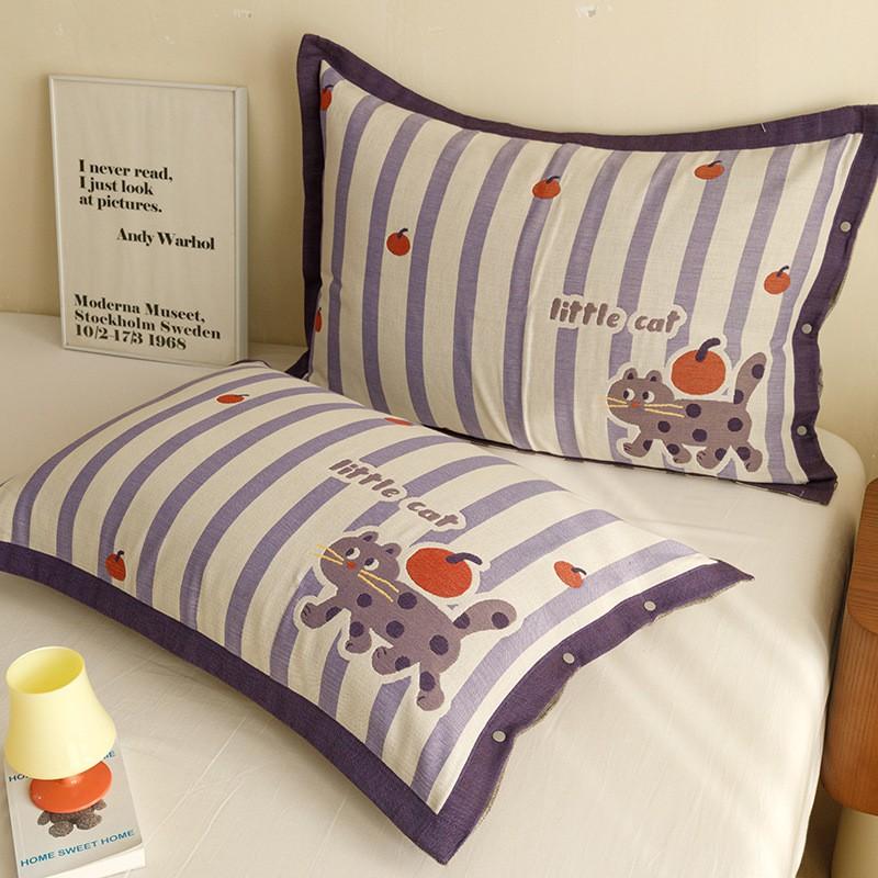 4-Layer Cotton Gauze Pillowcase Set With Cartoon Button Breathable Hotel-Grade Pillow Covers 48x74cm Pair
