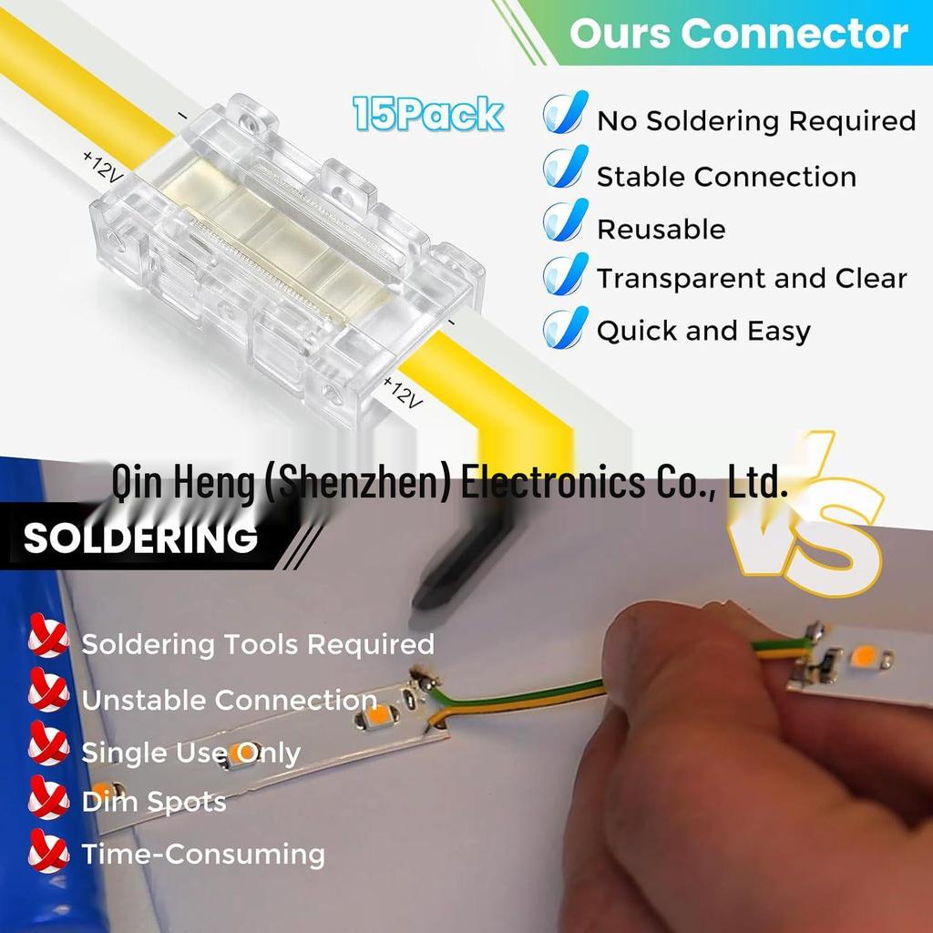 Solderless 2p LED Strip Connector - Transparent Crystal Buckle for 8mm/10mm, No Dark Areas