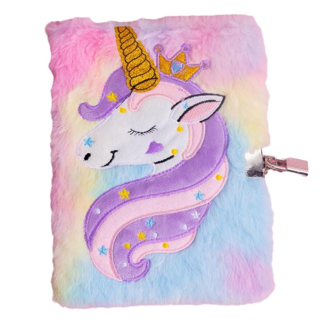 Cartoon Unicorn Tie-Dye Plush Lockable Diary for Girls