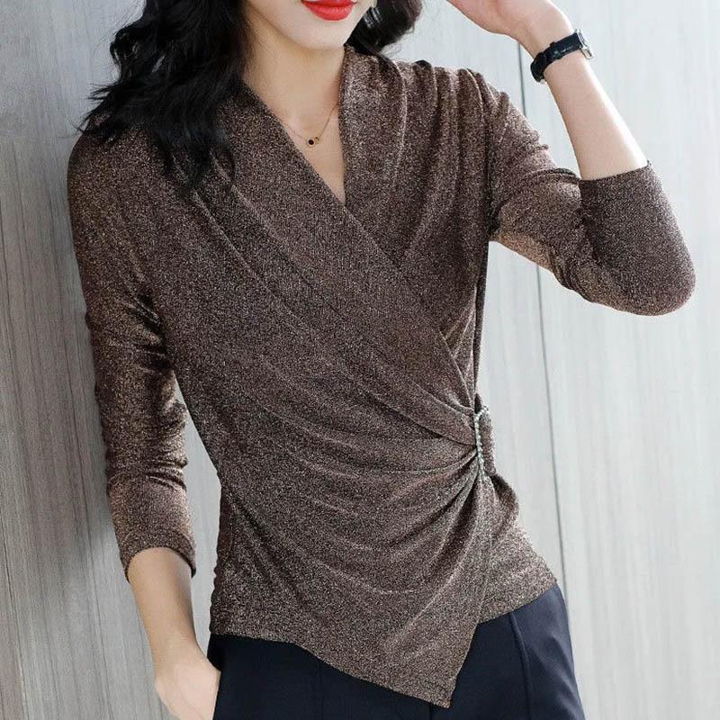 

Топы для женщин Пуловер Длинный рукав V-образный вырез Осень Зима Теплый Приталенный Утолщенный Топ XXXXL золотой