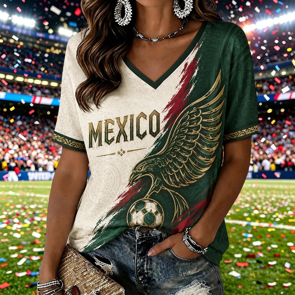 Women's Fashion Print V-Neck Long Sleeve Pullover Top Casual Tee