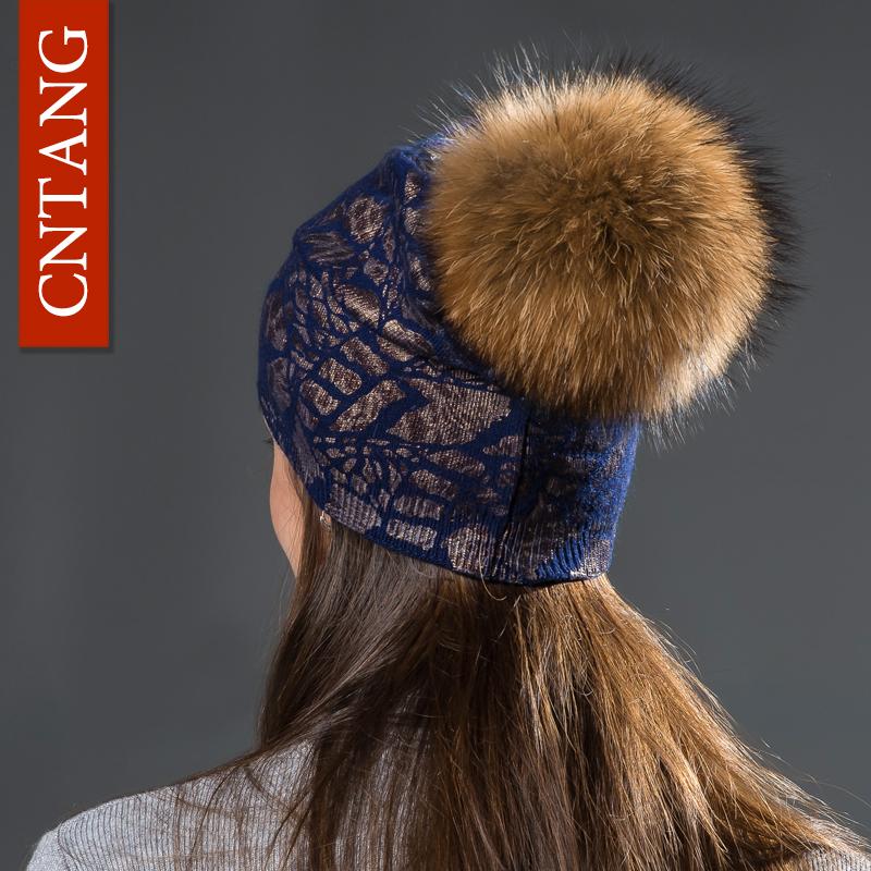 Women Winter Warm Hats Fashion Bronzing Leopard Hats with Natural Pompom Fur Caps Female Knitted Wool Hat Raccoon Beanies