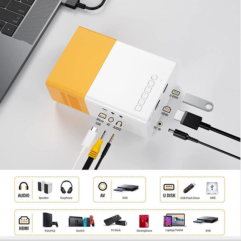 Best-Selling YG300 Yellow-White Mini Portable Projector with Mobile Screen Mirroring for Home Entertainment.