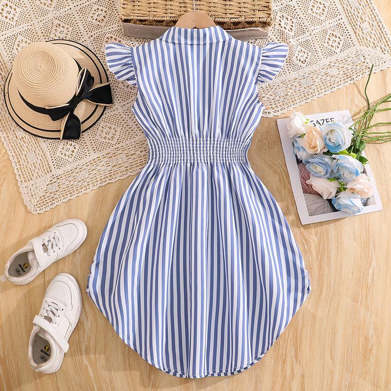 Girls' Fashionable Dress Summer Children's Elegant Striped Shirt Dress