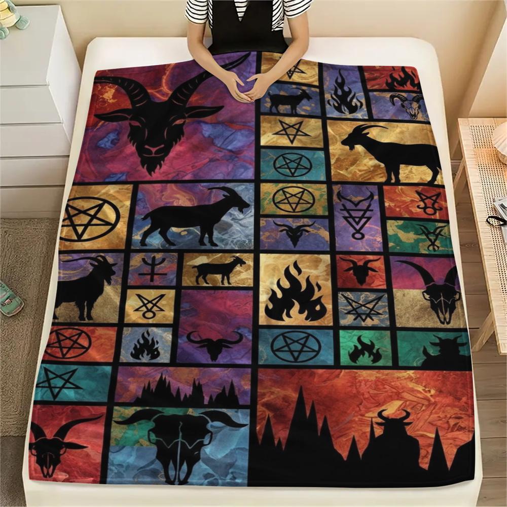 1Pc Goat Demon Print Flannel Blanket, High quality Comfortable for All Seasons, Home Decor, Warmth and Comfort, Perfect for Christmas Gifts W143