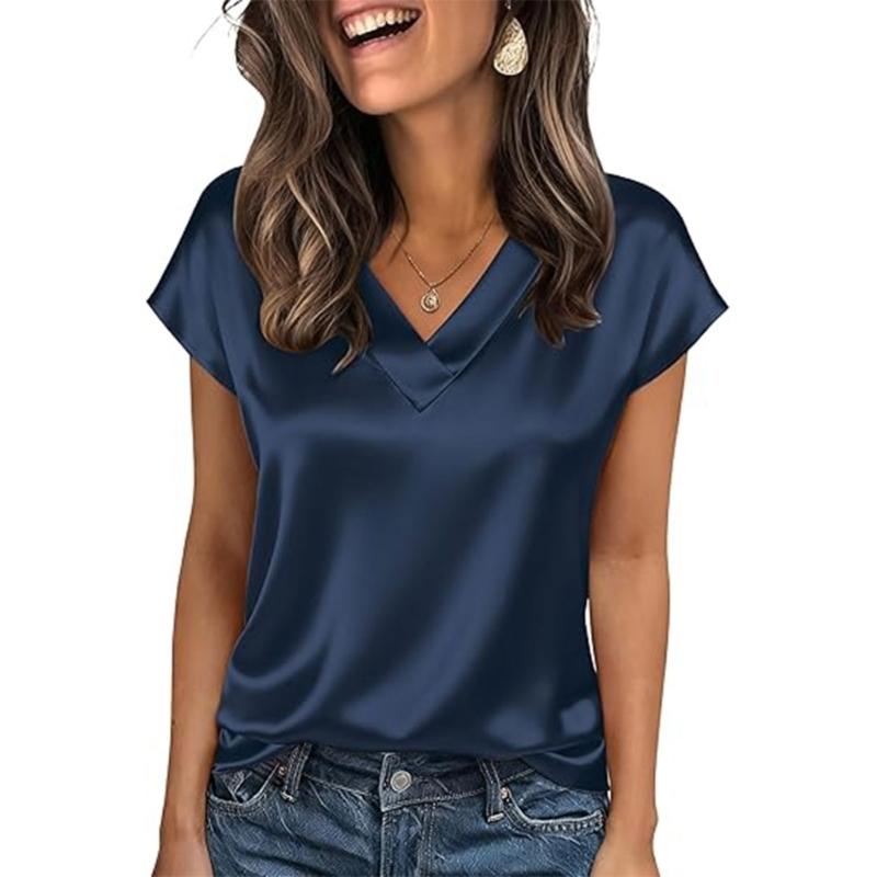 Damen Oberteile Mode Lässig V-Ausschnitt Kurzarm Bluse Business Lässige Oberteile Satin Seide Sommerhemd Arbeits Tuniken Oberteile